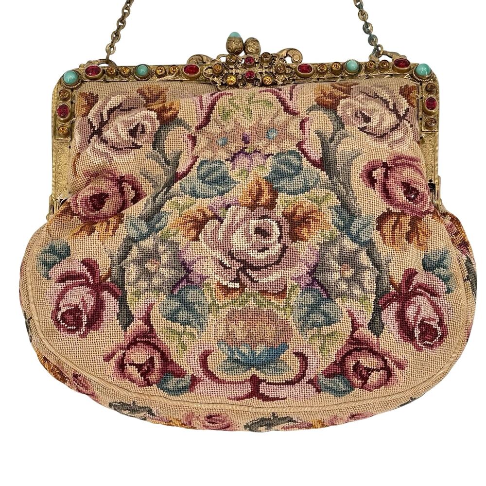 vintage petit point purse intricate floral tapestry and brass frame clutch - Picture 2 of 12